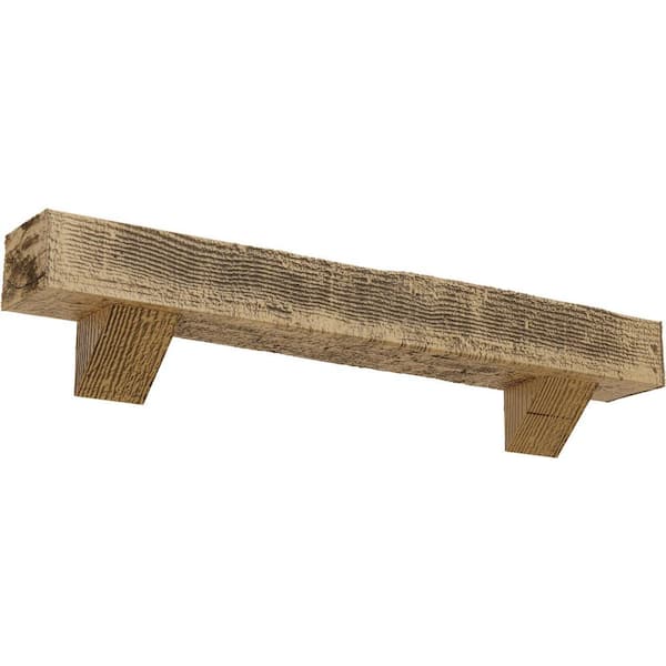 Ekena Millwork 8 in. x 12 in. x 5 ft. Rough Sawn Faux Wood Fireplace Mantel Kit, Breckinridge Corbels, Natural Pine