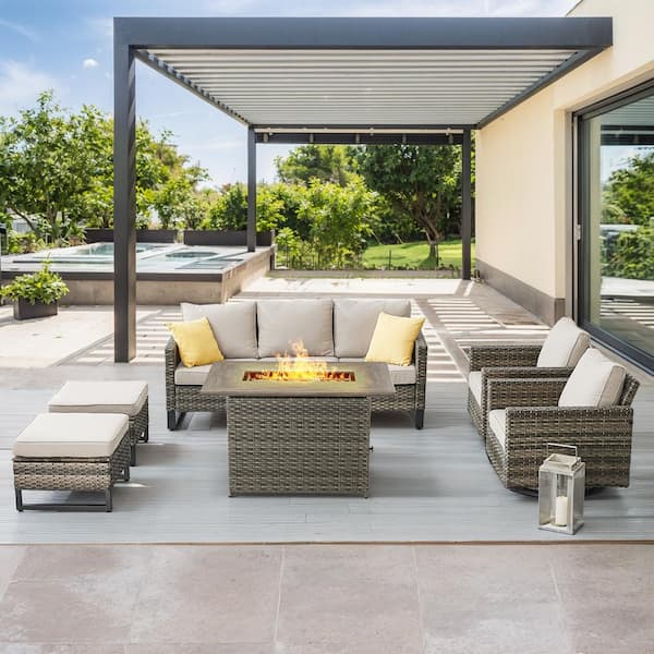 U-Weave 6-Piece Gray Wicker Outdoor Rectangular Fire Pit Conversation Set with Beige Cushions and Swivel Rocking Chairs