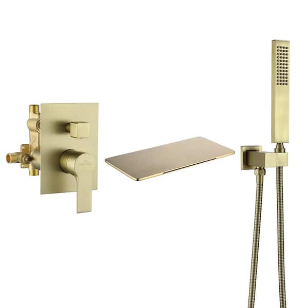 Boyel Living Waterfall Single-Handle Wall Mount Roman Tub Faucet with Hand Shower and Brass Pressure Balance Valve in Brushed Gold
