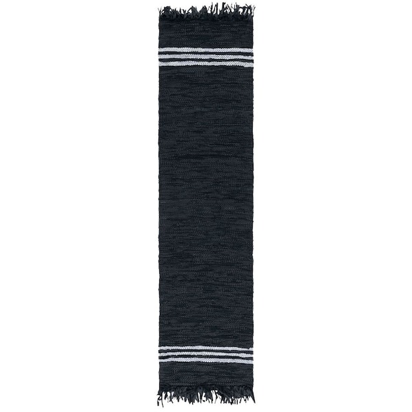Vintage Leather 2 ft. x 9 ft. Black/Ivory Striped Border Runner Rug