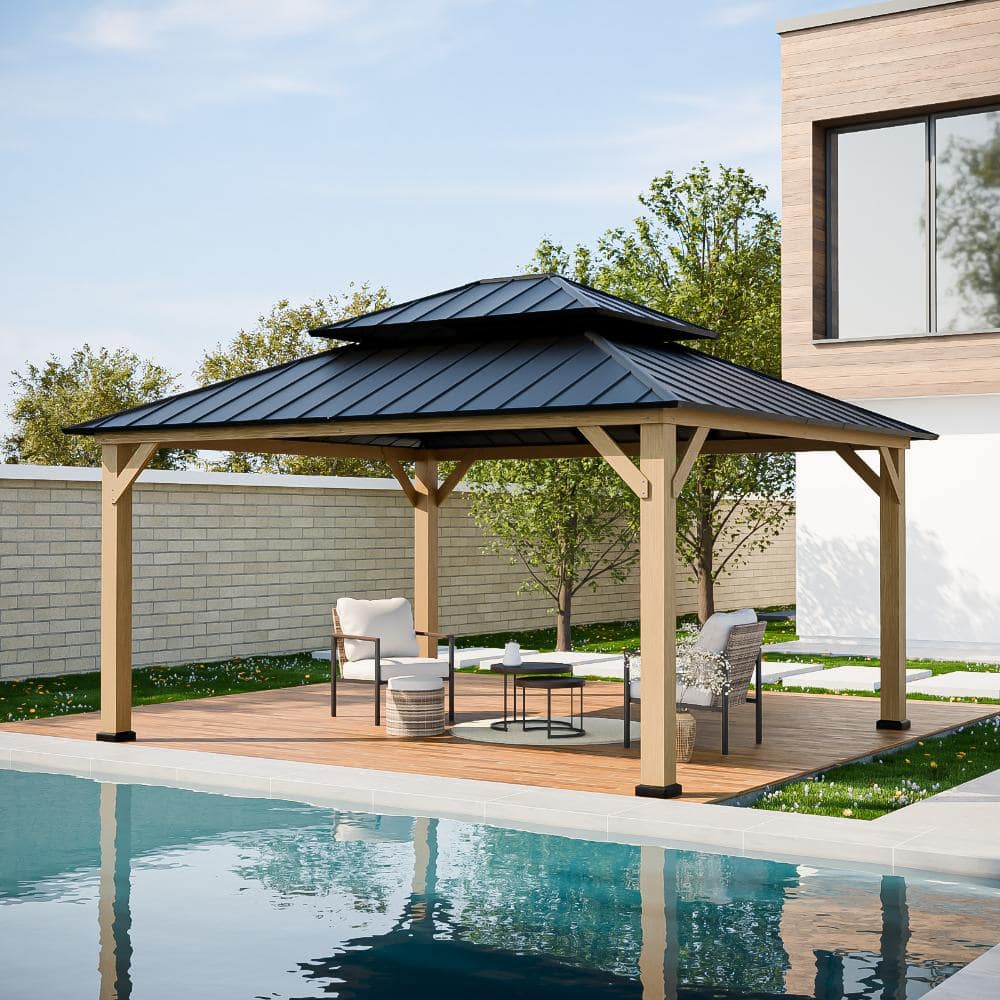 Shade Graphix 15 ft. W x 13 ft. D Metal Hardtop Gazebo w/ Cedar
