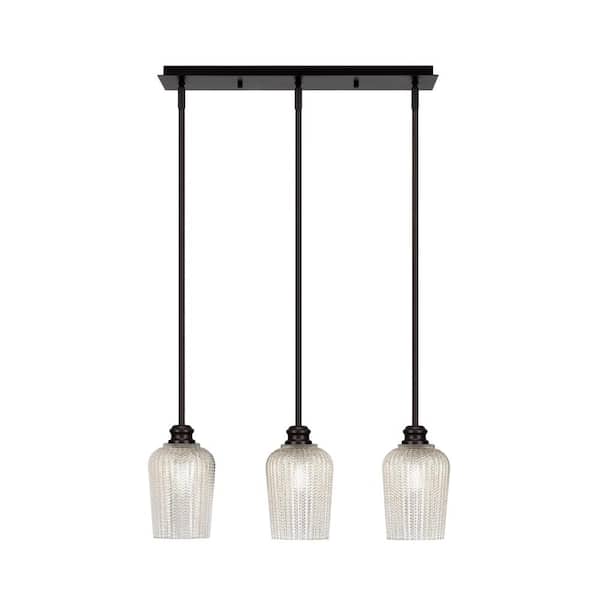 Unbranded Albany 60-Watt 3-Light Espresso Linear Pendant Light with Silver Textured Glass Shades and No Bulbs Included