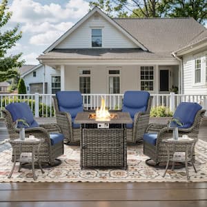 7-Piece Gray Wicker Outdoor Square Fire Pit Conversation Set with Blue Cushions and Swivel Rocker Patio Chairs