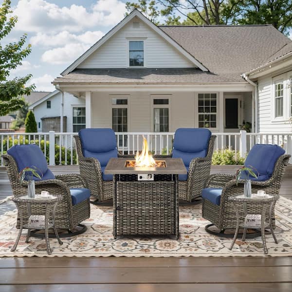 Opohoro 7-Piece Gray Wicker Outdoor Square Fire Pit Conversation Set with Blue Cushions and Swivel Rocker Patio Chairs