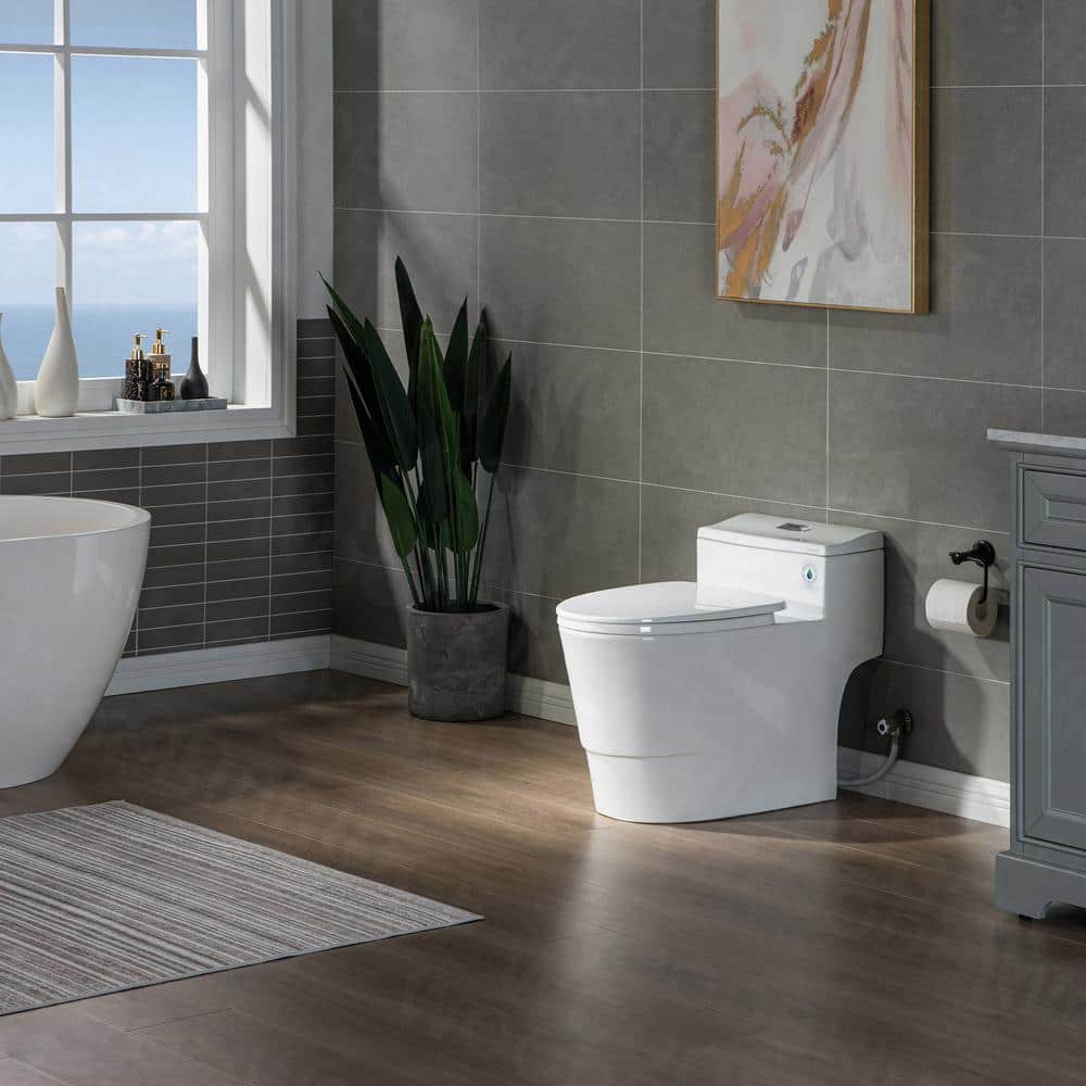White Ceramic One-Piece Dual Flush Toilet with Chrome Button