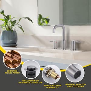 8 in. Widespread Double Handle High-Arc Bathroom Faucet with Pop-up Drain in Brushed Nickel