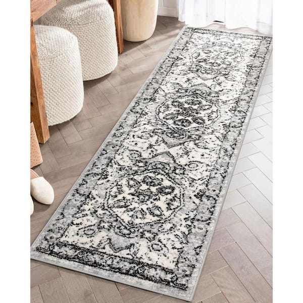 Ivory Grey 2 ft. x 7 ft. 3 in. Runner Mystic Arctic Bloom Vintage Medallion Oriental Area Rug