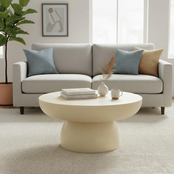 Ruben 27.5 in. Beige Round Stone Coffee Table with Pedestal Base
