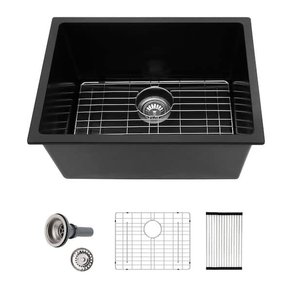24 in. Undermount Single Bowl Black Quartz Composite Kitchen Sink Round Corner with Roll Up Rack