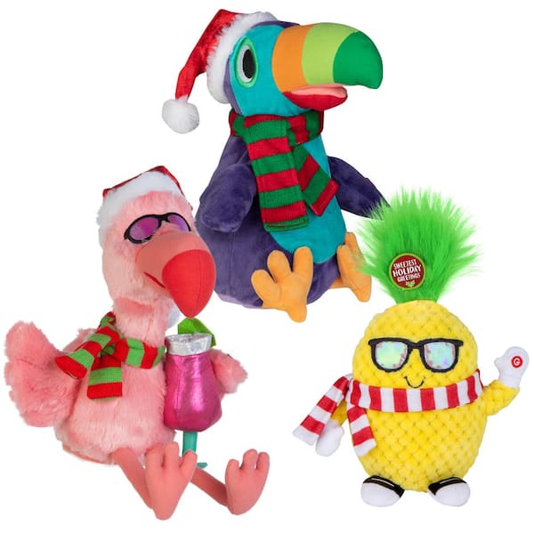 11.10 in. Animated Christmas Plush Tropical Pineapple, Flamingo, and Toucan (Three Style Assorted)