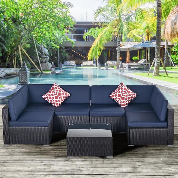 waelph 7-Piece Wicker Patio Conversation Set with Blue Cushion, 2 Pillows and Coffee Table