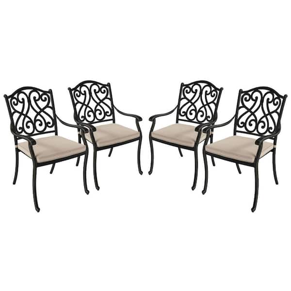 Black Cast Aluminum Stackable Outdoor Dining Chair with Beige Cushions (4-Pack)