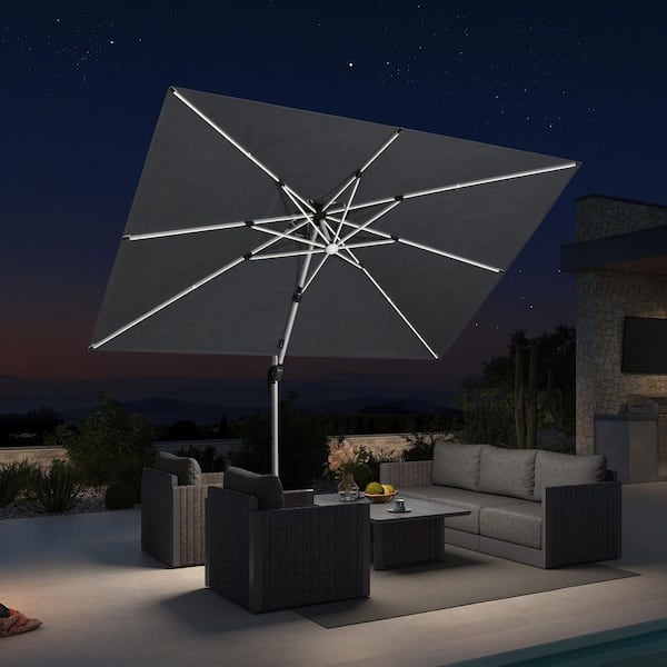 10 ft. Square Sunbrella Aluminum Solar Powered LED Cantilever Offset Patio Umbrella in Gray