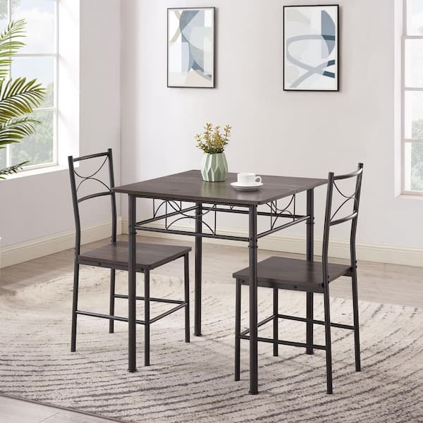 3-Piece Top Kitchen Solid Wood Dining Room Table Set Grey Chair，Seats 2