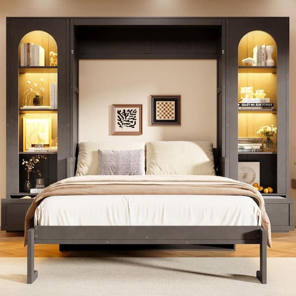 Qualler Gray Wood Frame Queen Size Murphy Bed with Shelf, Side Cabinets ...