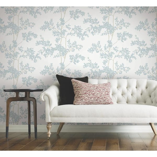 White and Cloud Blue Lunaria Silhouette Paper Non-Pasted Matte Wallpaper