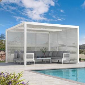 12 ft. x 12 ft. White Aluminum Louvered Pergola with 2 Individual Sunshade Roofs and 1-Long 1-Short Side Shutter Wall