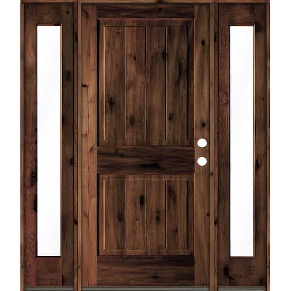 Krosswood Doors 64 in. x 80 in. Rustic Alder Square Top Red Mahogany Stained Wood with V-Groove Left Hand Single Prehung Front Door