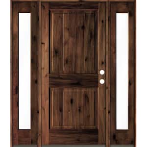 70 in. x 80 in. Knotty Alder Square Top Left-Hand/Inswing Clear Glass Red Mahogany Stain Wood Prehung Front Door w/DFSL