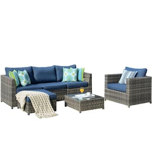 Ontario Lake Gray 6-Piece Wicker Outdoor Patio Conversation Seating Set with Denim Blue Cushions