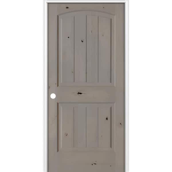 Krosswood Doors 18 in. x 80 in. Rustic 2Panel Arch Top VG Right-Hand Weathered Gray Stain Knotty Alder Wood Single Prehung Interior Door