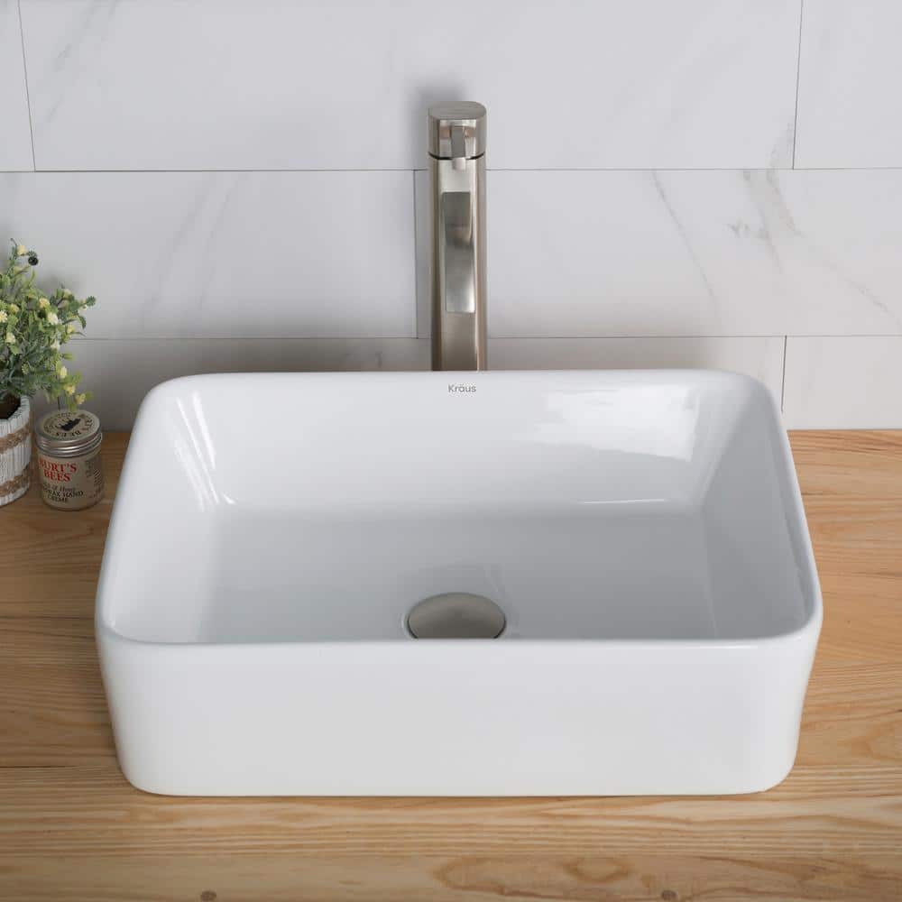White Ceramic Rectangular Vessel Sink with Satin Nickel Faucet
