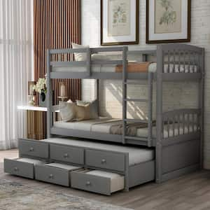 Gray Twin Over Twin Wooden Bunk Bed with Twin Trundle, Ladder, Safety Rails, 3 Drawers