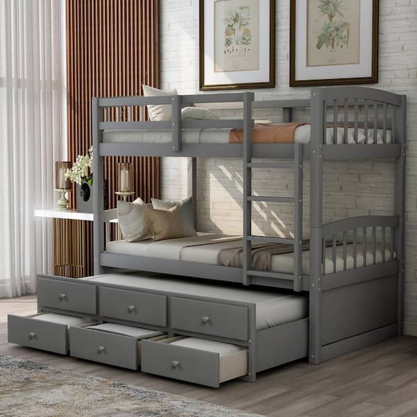 Harper & Bright Designs Gray Twin Over Twin Wooden Bunk Bed with Twin Trundle, Ladder, Safety Rails, 3 Drawers