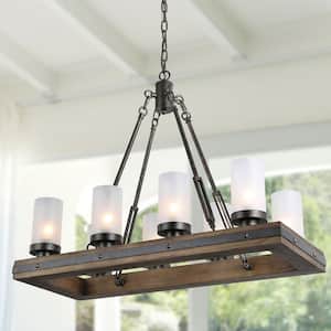 Wood Chandelier, Rustic 8-Light Linear Farmhouse Black Chandelier Kitchen Island Pendant Light with Frosted Glass Shades