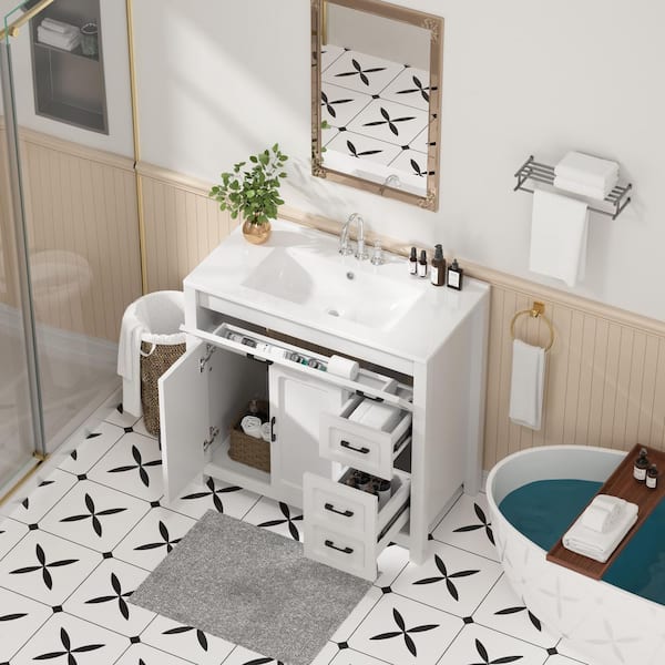 30 in. Freestanding White Bath Vanity with White Ceramic Top Unassembled 4 in. Pre-Drilled Faucet Holes