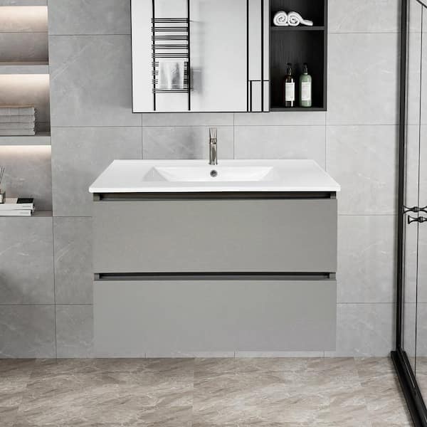 ANGELES HOME 30 in. W x 18 in. D x 23 in. H Wall-mounted Bath Vanity in Ash Gray with White Ceramic Top