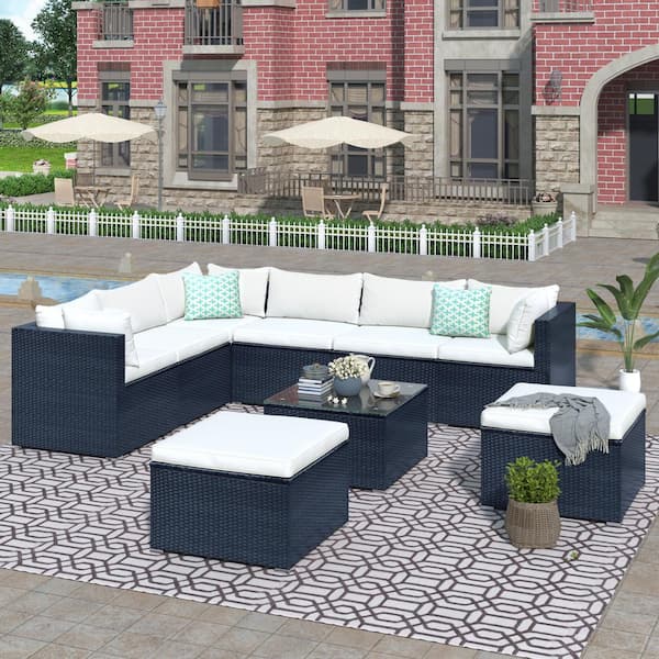 Nestfair Adar 9-Piece Wicker Patio Conversation Set with Beige Cushions