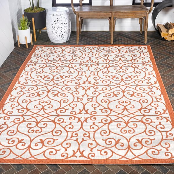 Jonathan Y Madrid Beige/Brown 2 ft. x 10 ft. Vintage Filigree Textured Weave Indoor/Outdoor Runner Rug