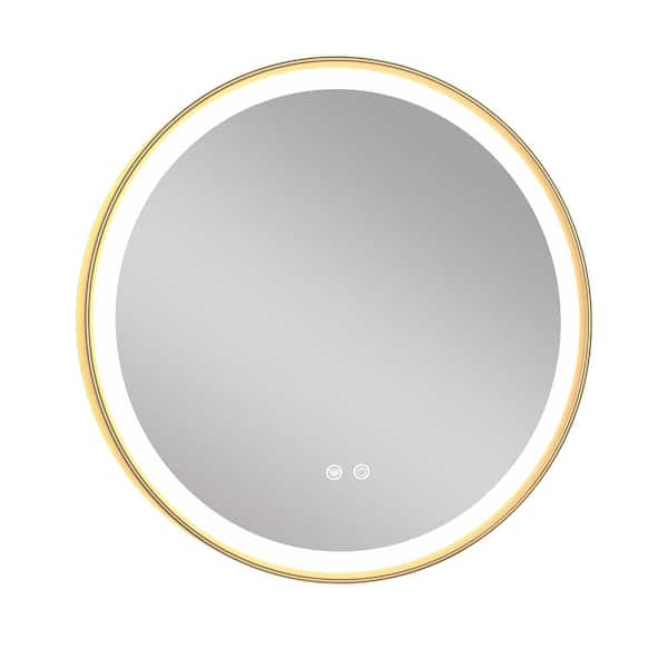 KeonJinn 30 in. W x 30 in. H Round Aluminum Framed LED Light with 3-Color and Anti-Fog Wall Mount Bathroom Vanity Mirror in Gold