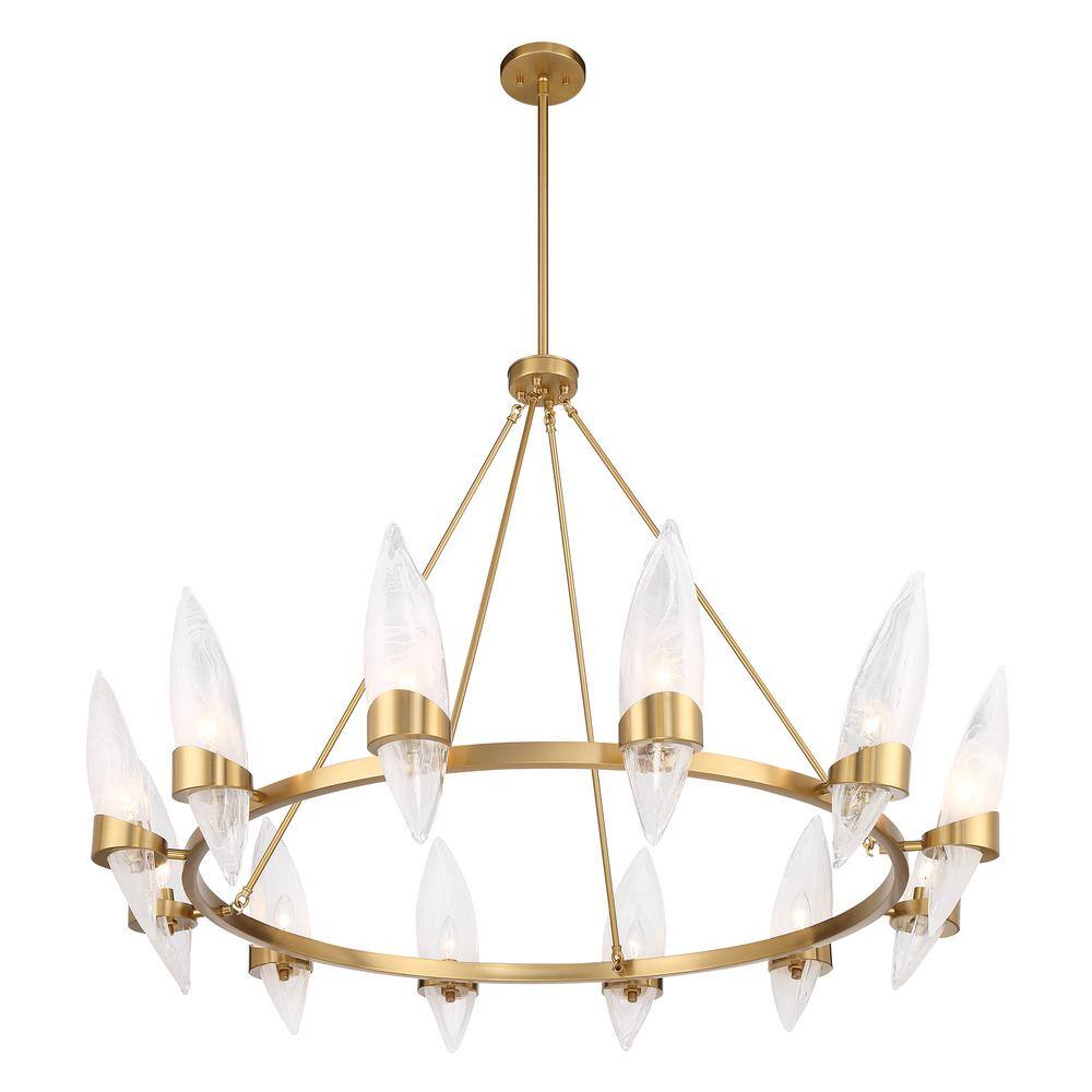 Warm Brass 12-Light Chandelier with Handmade Strie Glass Shades