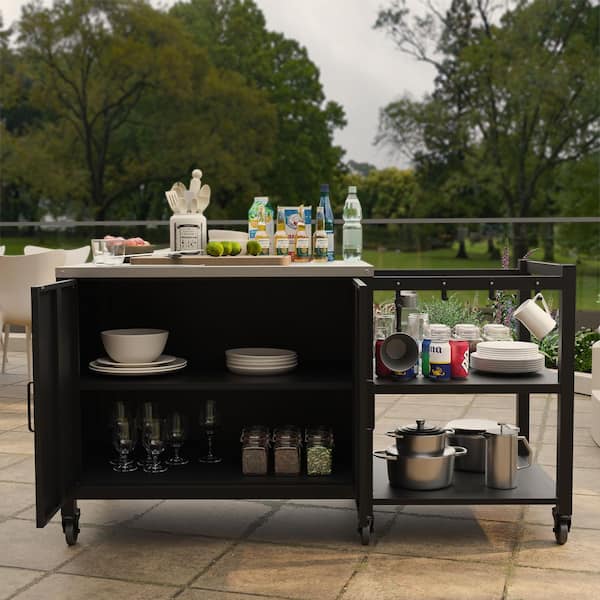 Black 60.8 in. Outdoor Kitchen Grill Cart with Stainless Steel Top-Mobile Island with Storage Cabinet and Shelves