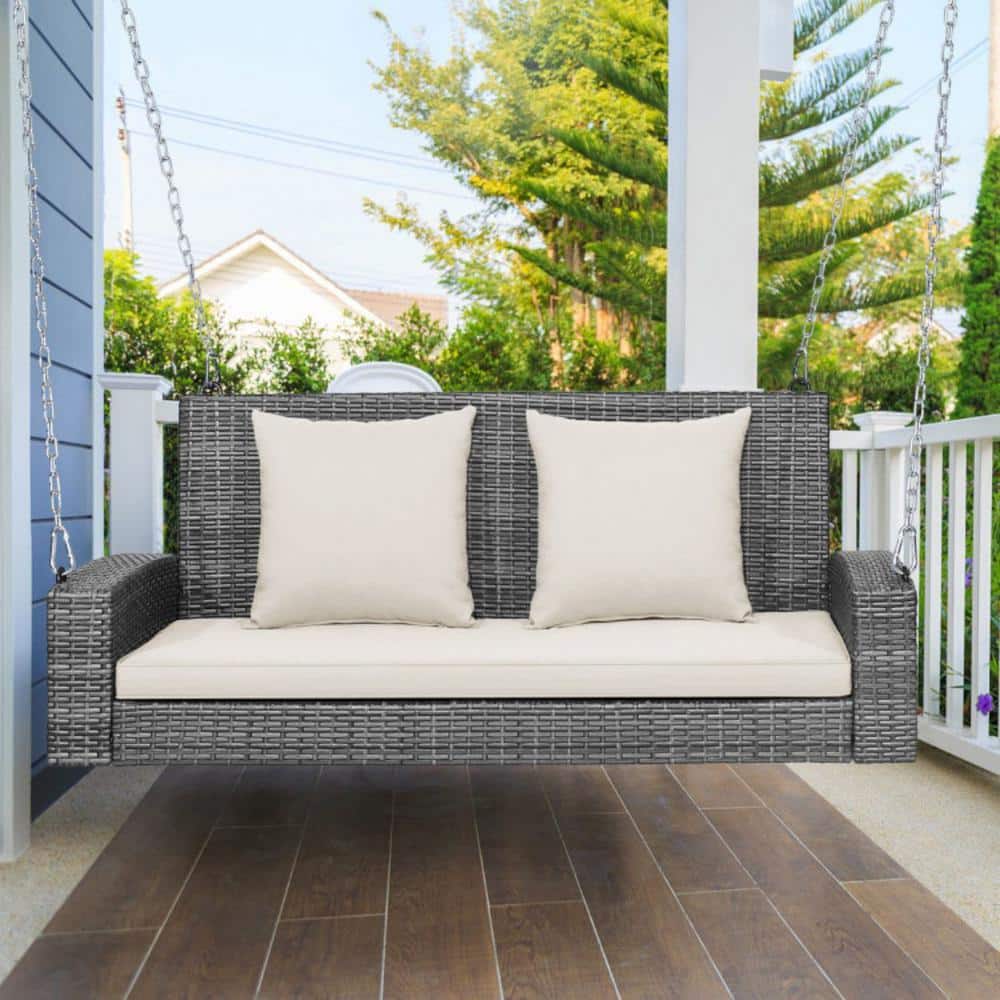 Gray Steel Frame Porch Swing with White Cushions