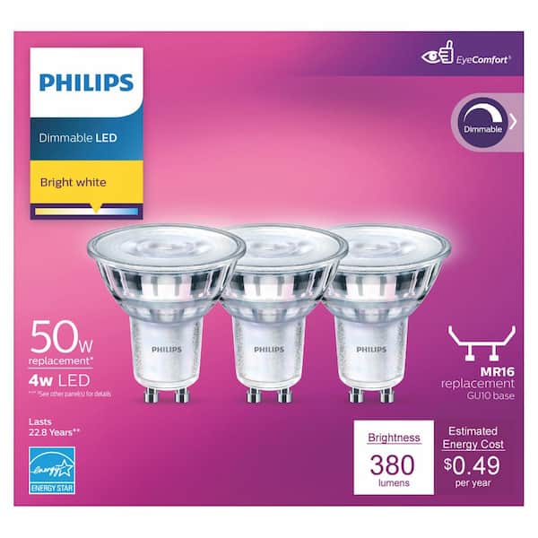  Philips LED GU10 Dimmable 35-Degree Spot Light Bulb: 400-Lumen,  3000-Kelvin, 6-Watt (50-Watt Equivalent), Bright White, 3-Pack