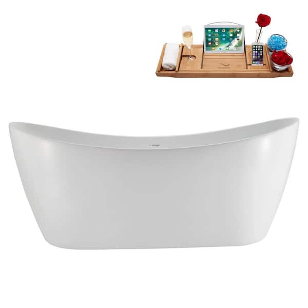 Streamline 67 in. x 32 in. Acrylic Freestanding Soaking Bathtub in Glossy White with Polished Gold Drain, Bamboo Tray