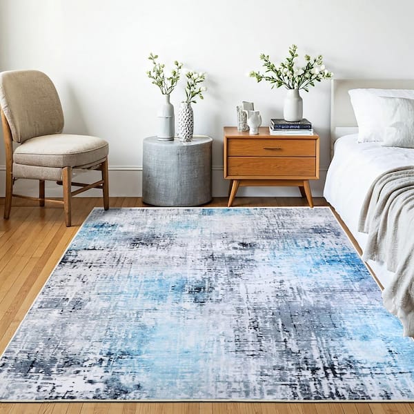 Machine Washable Paisley Frosted Azure Kitchen/Bedroom/Living Room 5 ft. x 7 ft. Indoor Area Rug