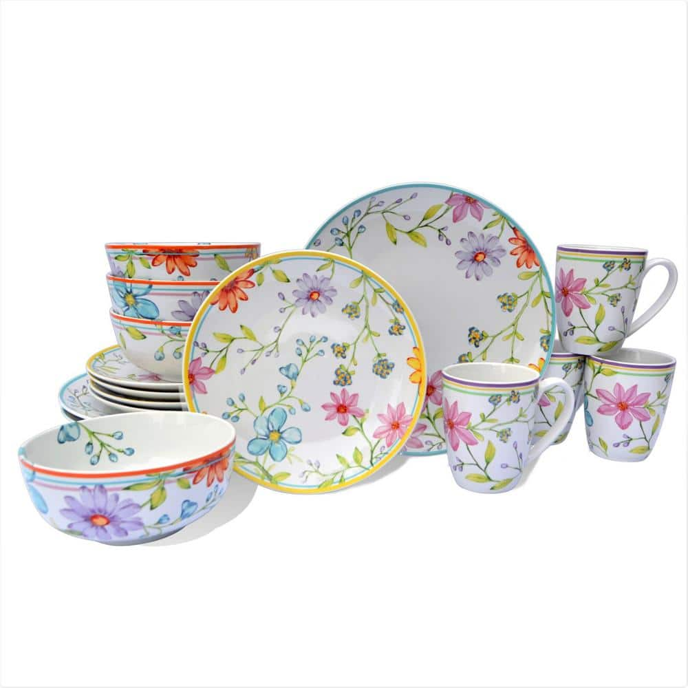 Euro Ceramica Charlotte 16-Piece Floral Multicolor Stoneware