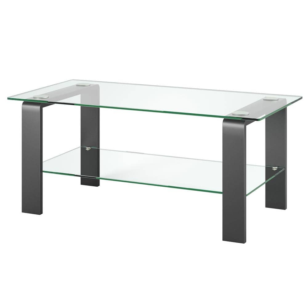 Asta Pewter Finish Rectangular Glass Coffee Table with Shelf