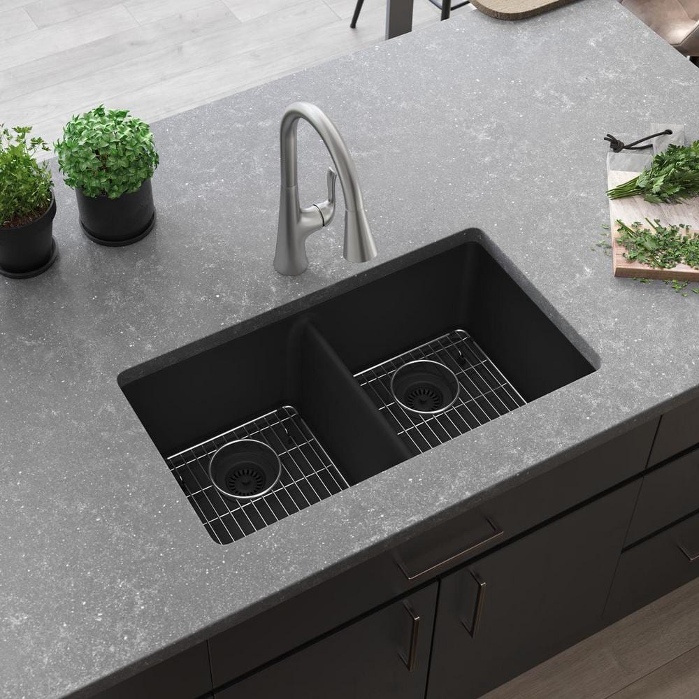 Elkay Quartz Classic 33" x 18-1/2" x 9-1/2", Equal Double Bowl Undermount Sink Kit, Matte Black