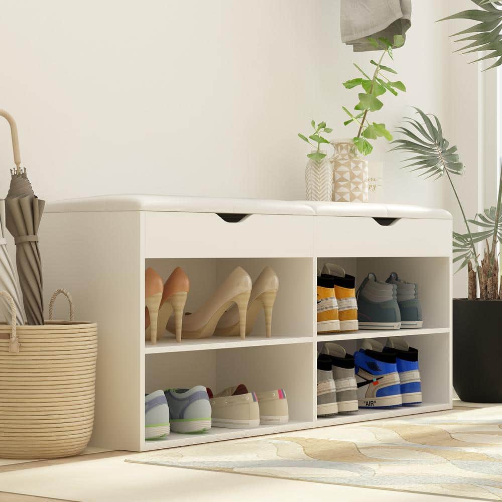 White MDF Shoe Storage Bench with Cushion and Open Shelves