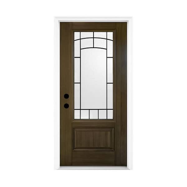 36 in. x 80 in. 1-Lite Right-Hand Frosted Glass Brown Stained Fiberglass Prehung Front Door with Threshold, Hinges
