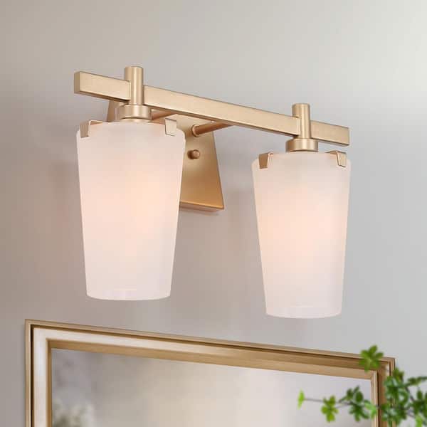 Uolfin 2-Light Modern Gold Linear Bathroom Wall Sconce with Frosted Glass Shades