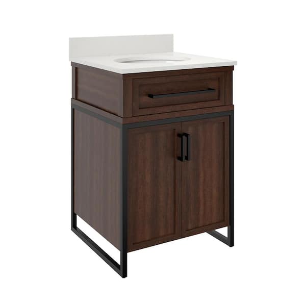 DHP Jessica 24 in. W x 22 in. D x 37.5 in. H Industrial Bathroom Vanity in Walnut with White Engineered Stone Top