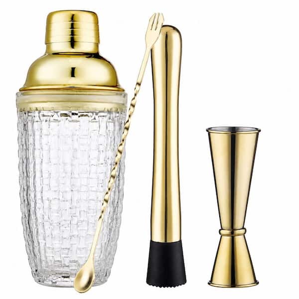 KHKFY Gold Glass Cocktail Shaker Set with Strainer, Matching Jigger, Bar Spoon and Muddler for Home Bar Martini