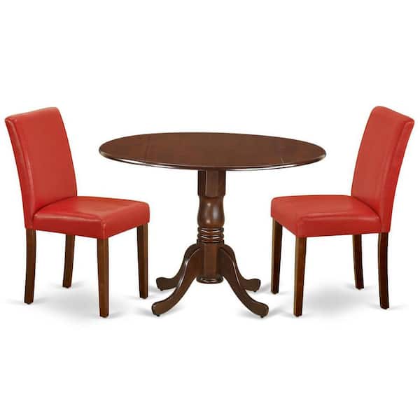 East West Furniture 3-Piece Mahogany Finish Solid Wood Top-Round Dining Room Set with Dropleaf-Seats 4