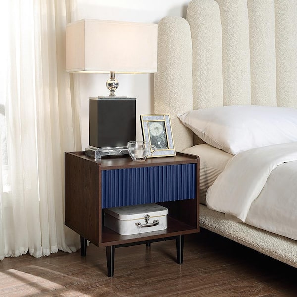 Manhattan Comfort Duane Dark Brown and Navy Blue 1-Drawer 20.23 in. W Mid-Century Modern Ribbed Nightstand